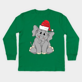 Santa Hat-Wearing Baby Elephant Funny Christmas Holiday Kids Long Sleeve T-Shirt